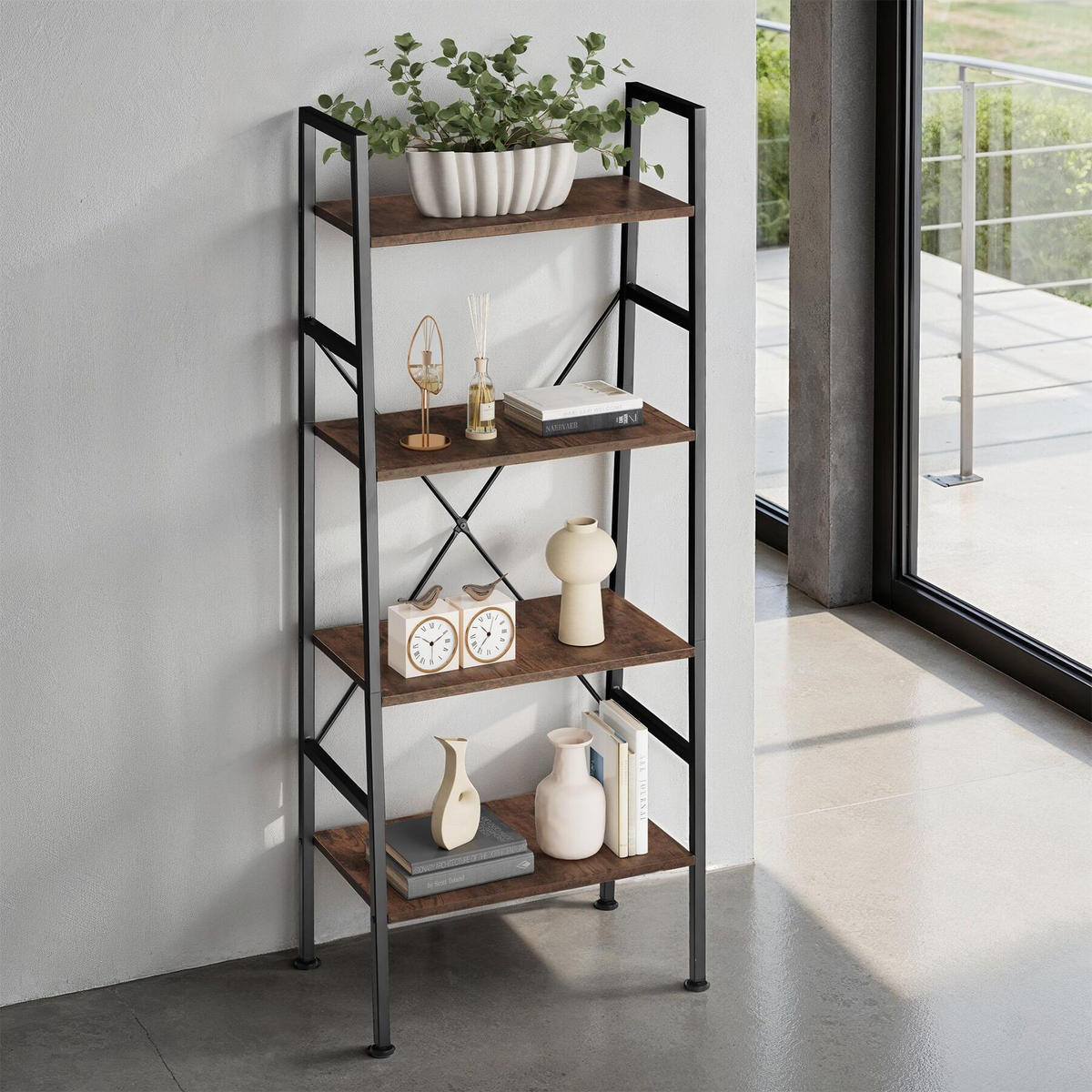 LEITERREGAL Newcastle,inklusive Kippschutz, 57,5 x 35,5 x 139 cm,Industrial Holz dunkel, rustikal - Rostfarben, Holz (35.5/139/57.5cm) - tectake