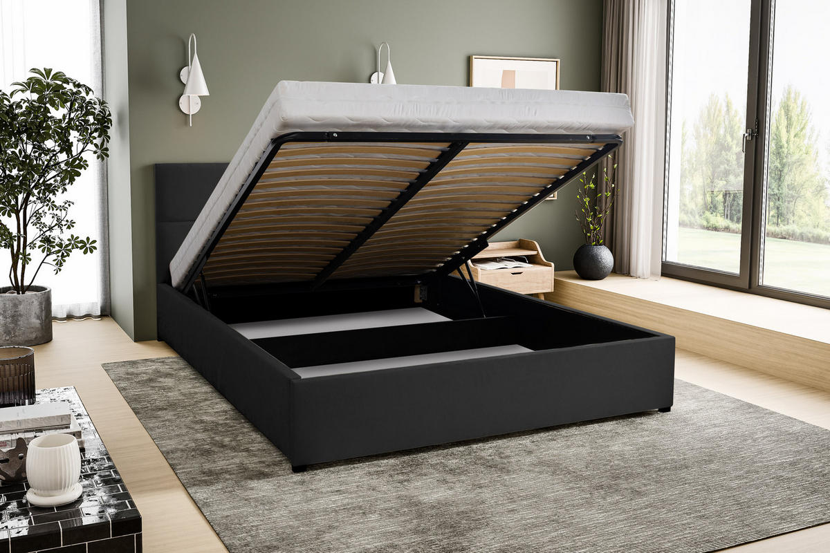 POLSTERBETT BETTY mit Kopfteil, 160 x200 cm, Doppelbett mit Bettkasten und Lattenrost aus Velourstoff, Velourstoff, Frabe: Schwarz - Schwarz, Holz/Kunststoff (160/200cm) - VENASI MÖBEL