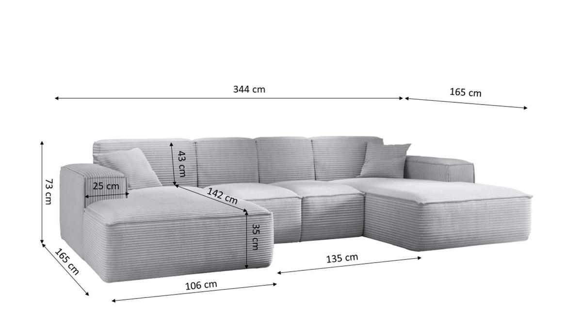 ECKSOFA, Eckcouch U form, Wohnzimmer Couch Large 342cm SIENA stoff Poso Grau - Grau, Holz/Textil (344/165cm) - Kaiser Möbel
