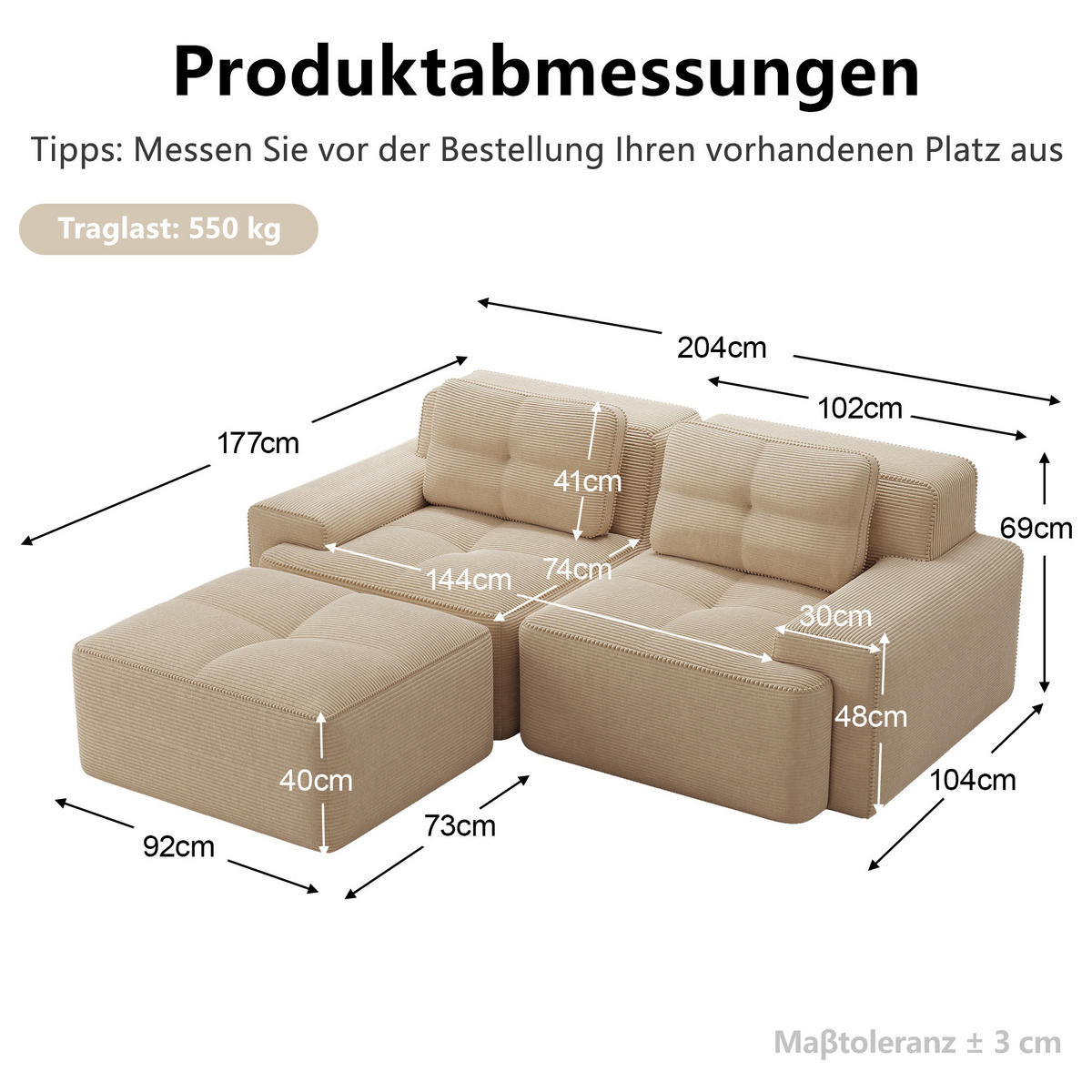 ECKSOFA DE-34113 2-Sitzer mit Ottoman Beige - Beige, Textil (177/204cm) - ComfortXL