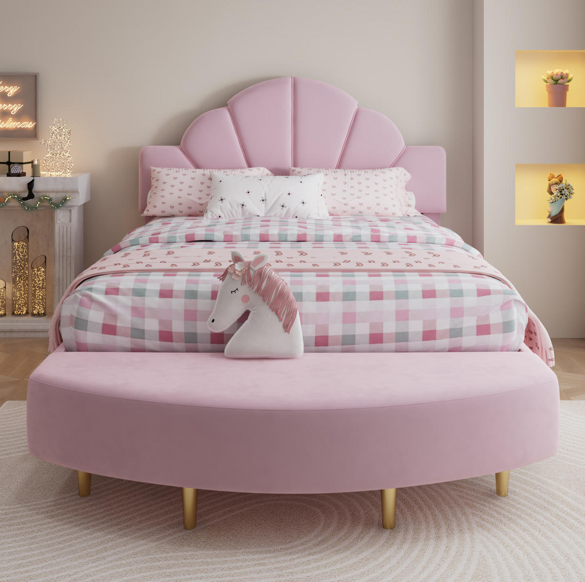 SAMT-POLSTERBETT 140/200 cm in Rosa mit gepolstertem Kopfteil und Bettbank - Rosa, Textil (140/200cm) - BEAOK