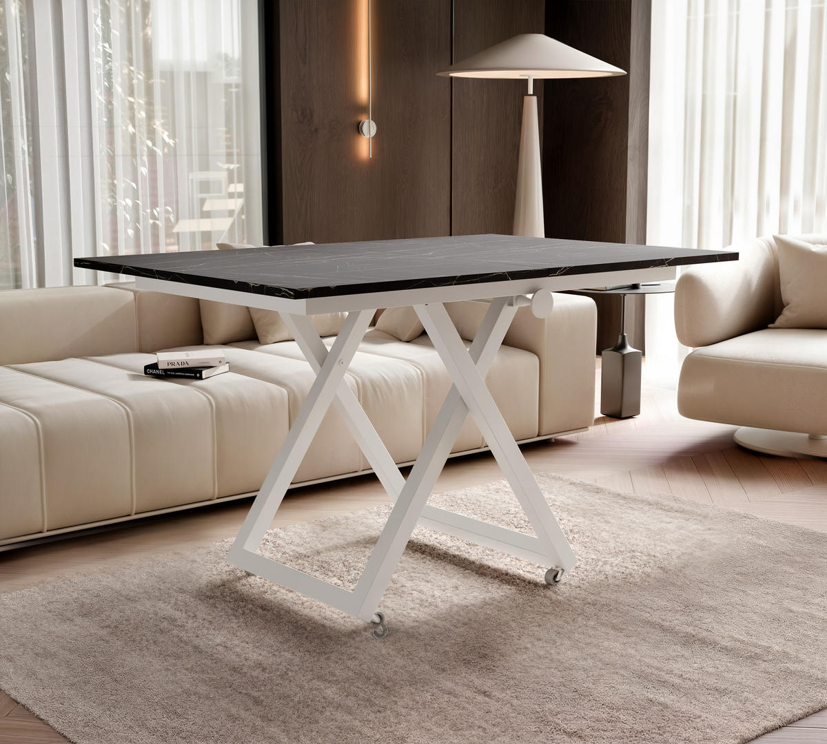 COUCHTISCH ARIA 120-160/80 cm, Höhenverstellbar, Weiß / Grigia Pietra (Steingrau) - Weiß/Grau, Holzwerkstoff/Metall (120/80/38cm) - Idohome