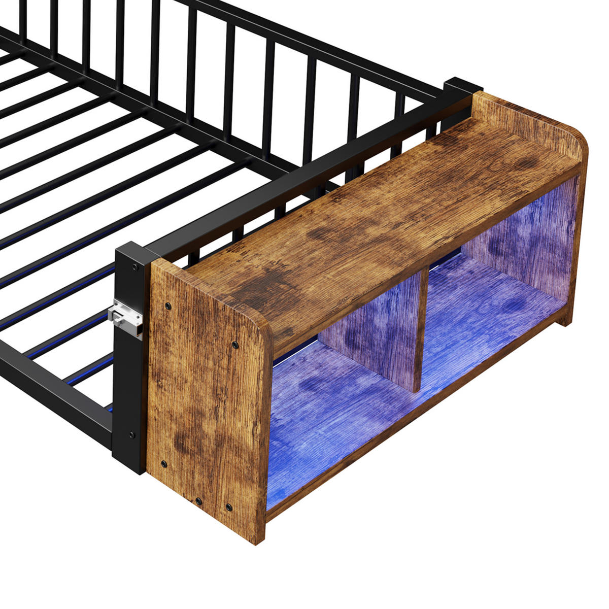 BODENBETT 90/200 cm DE-03338, mit LED, Schließfach und Schutzgeländer, in Schwarz - Schwarz, Holzwerkstoff/Metall (90/200cm) - ComfortXL