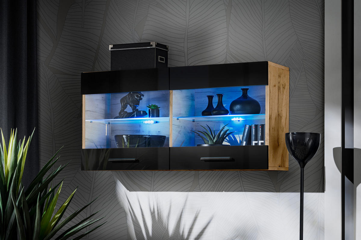 HÄNGEVITRINE SAVONA, Schwarz, LED Blau - Eiche Wotan/Schwarz, Glas/Holzwerkstoff (100/50/27.2cm) - Komodee
