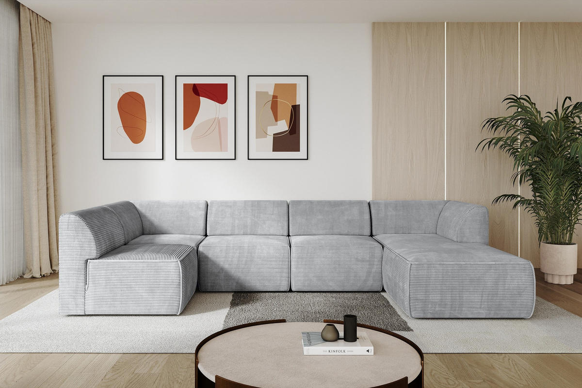 WOHNLANDSCHAFT Ottomane Rechts MOVA 345x180x78 Grau Cord - Schwarz/Alufarben, Holzwerkstoff/Kunststoff (345/78/180cm) - ALTDECOR