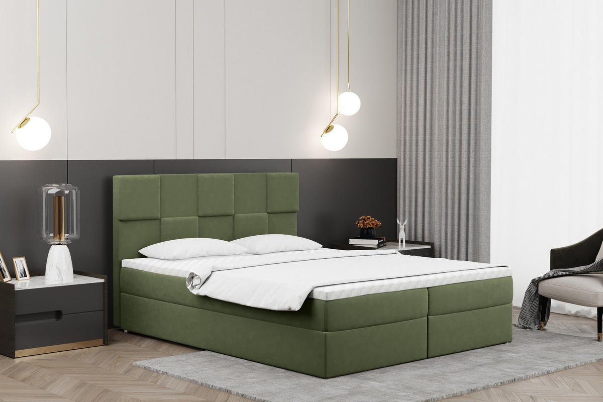 BOXBETT mit Bettkasten und Matratze CLARA Stoff Velvet Olive 200x200 cm H3-Bonell - Olivgrün, Holz/Textil (200/200cm) - Kaiser Möbel