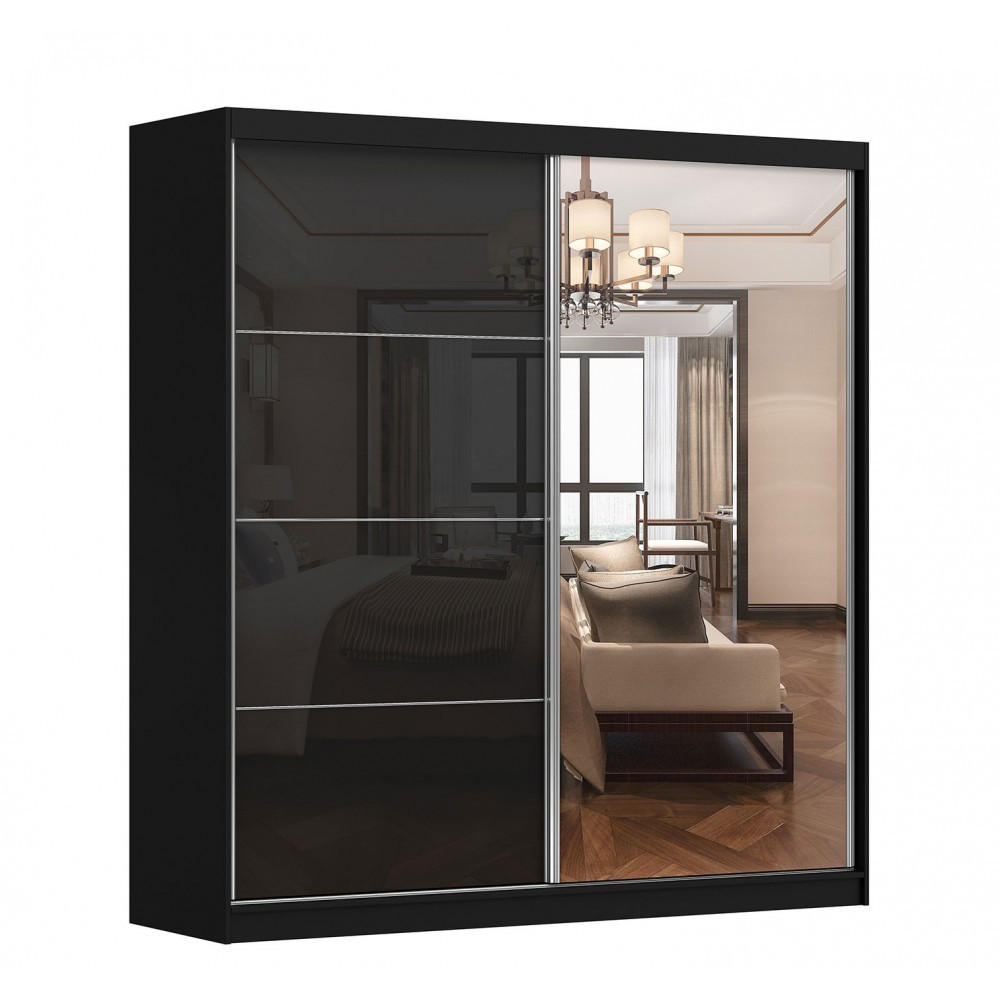 SCHWEBETÜRENSCHRANK Multi 31 Schwarz, Schwarz + Spiegel, ohne LED Beleuchtung 203 cm - Schwarz/Alufarben, Glas/Holzwerkstoff (203/218/61cm) - imoebel24