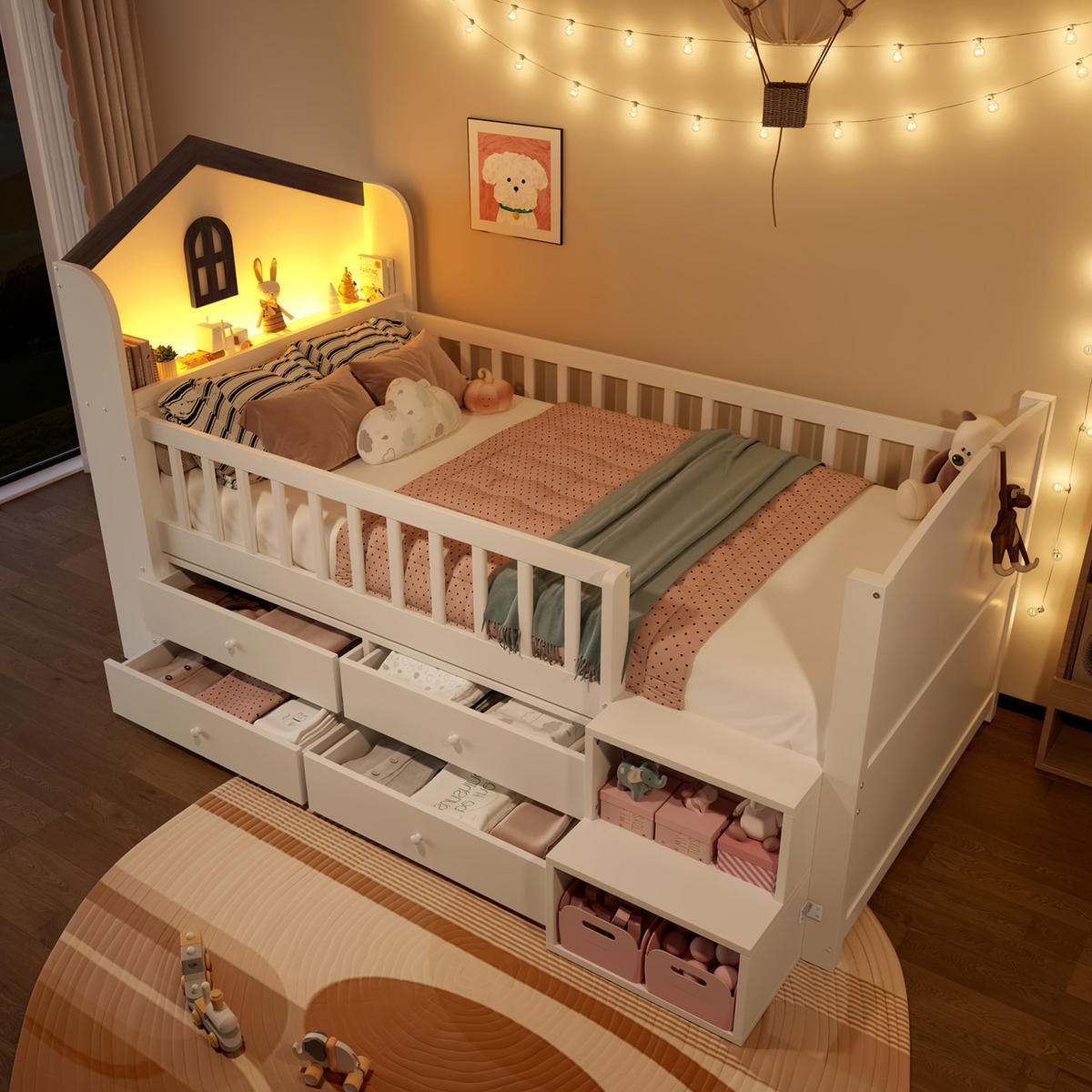 KINDEREINZELBETTEN aus Kiefernholz 90x200 cm in Weiß mit LED-Beleuchtung & Stauraum - Weiß, Holz (90/200cm) - Modfu