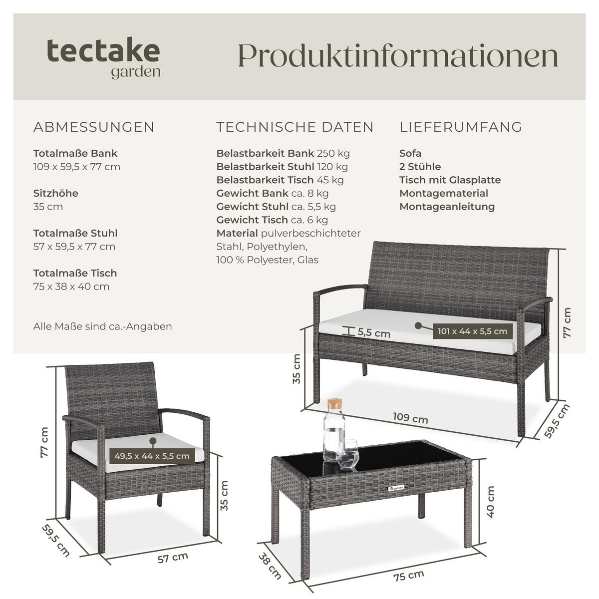 RATTAN SITZGRUPPE Sparta,schlanke Gestelle,grau - Grau, Kunststoff - tectake