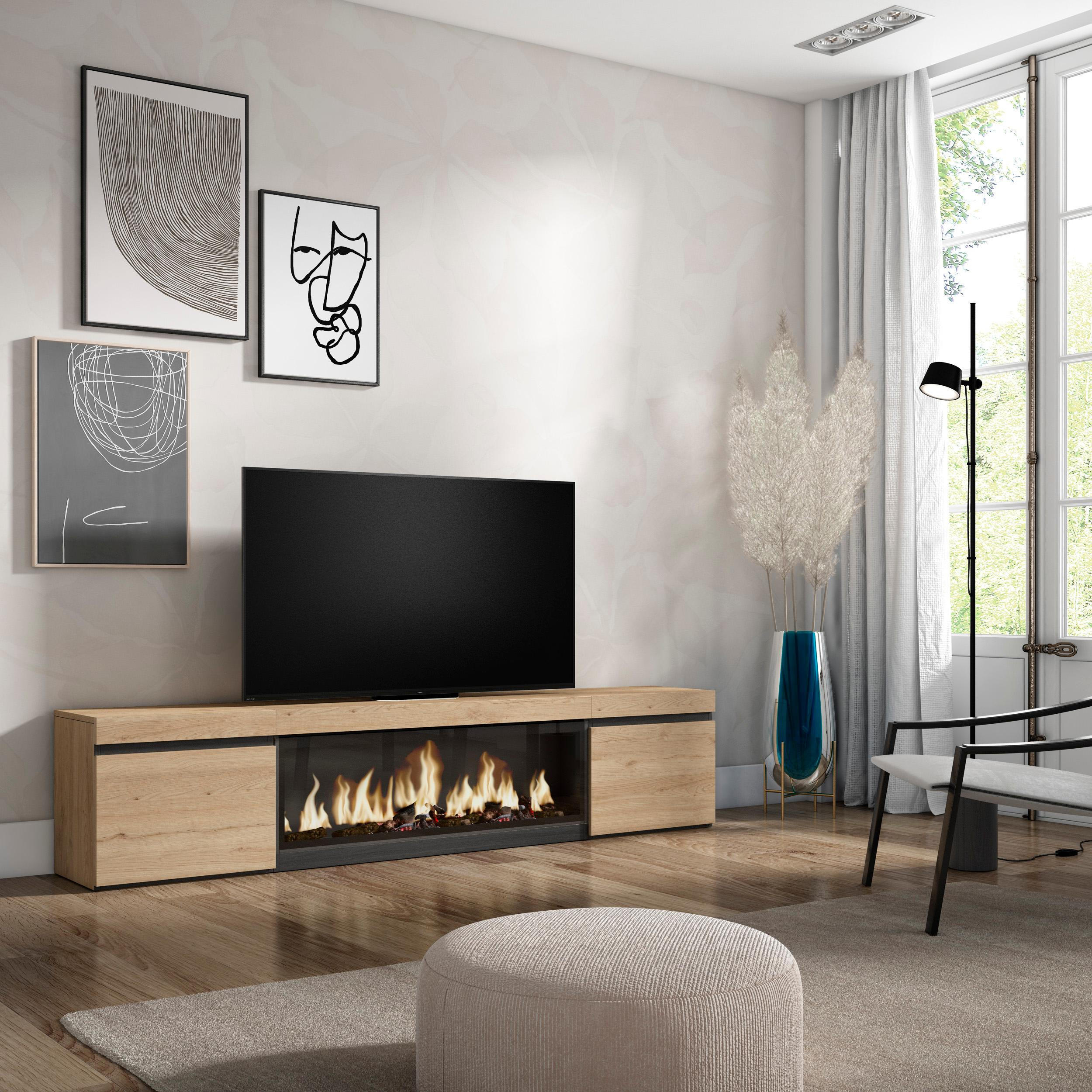 LOWBOARD, TV-SCHRANK Elektrokamin XXL, eiche, 208/35/45cm - Eichefarben/Multicolor, Holzwerkstoff (208/45/35cm) - Skraut Home