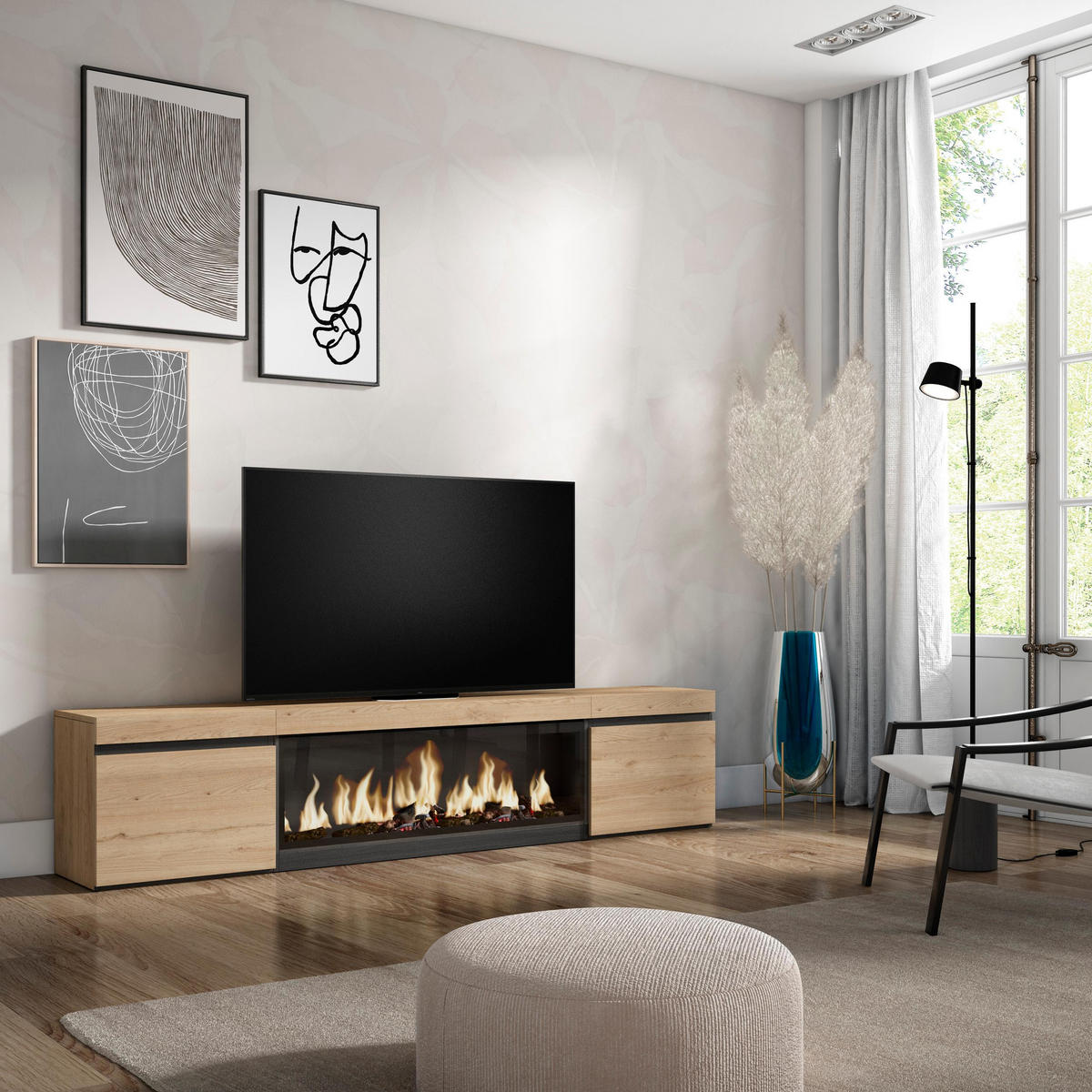 LOWBOARD, TV-SCHRANK Elektrokamin XXL, eiche, 208/35/45cm - Eichefarben/Multicolor, Holzwerkstoff (208/45/35cm) - Skraut Home