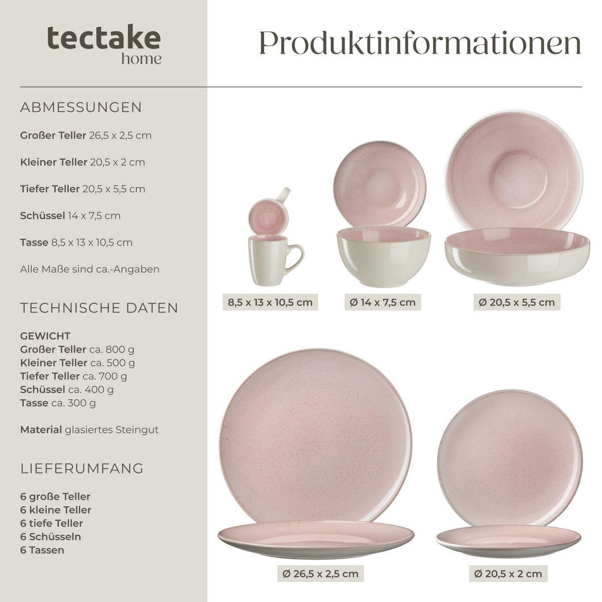 KOMBISERVICE Mare, ineinander stapelbar, rosa - Rosa, Keramik (26.5/2.5/26.5cm) - tectake