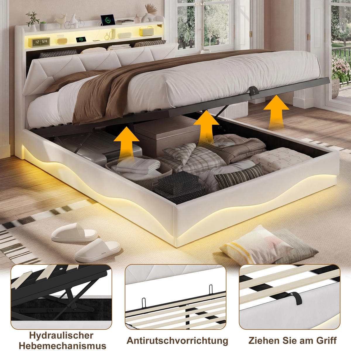POLSTERBETT 140x200 cm mit Bettkasten, hydraulischer Stauraum, LED, USB & Type-C, Kopfteil mit Ablage und Lattenrost, Beige - Beige, Metall (140/200cm) - EuroLiving