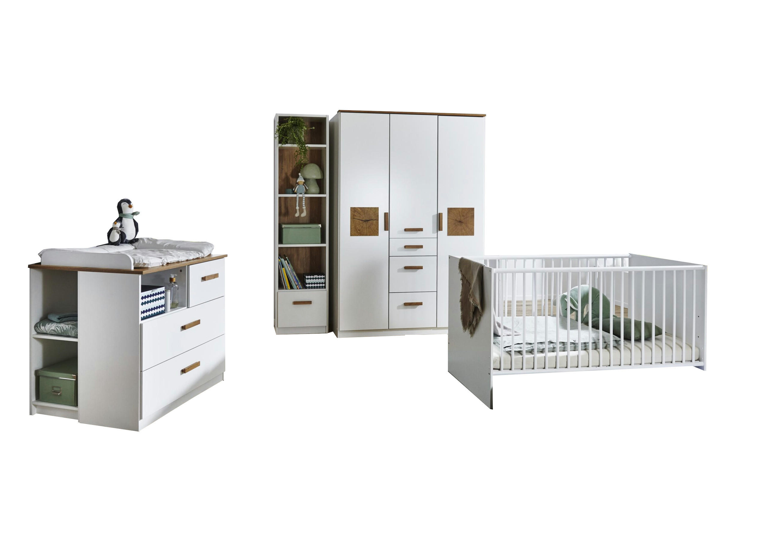 BABYZIMMER Gotland in Weiß, Plankeneiche und Hirnholz 7 teilig - Weiß, Holzwerkstoff (120/200/80cm)