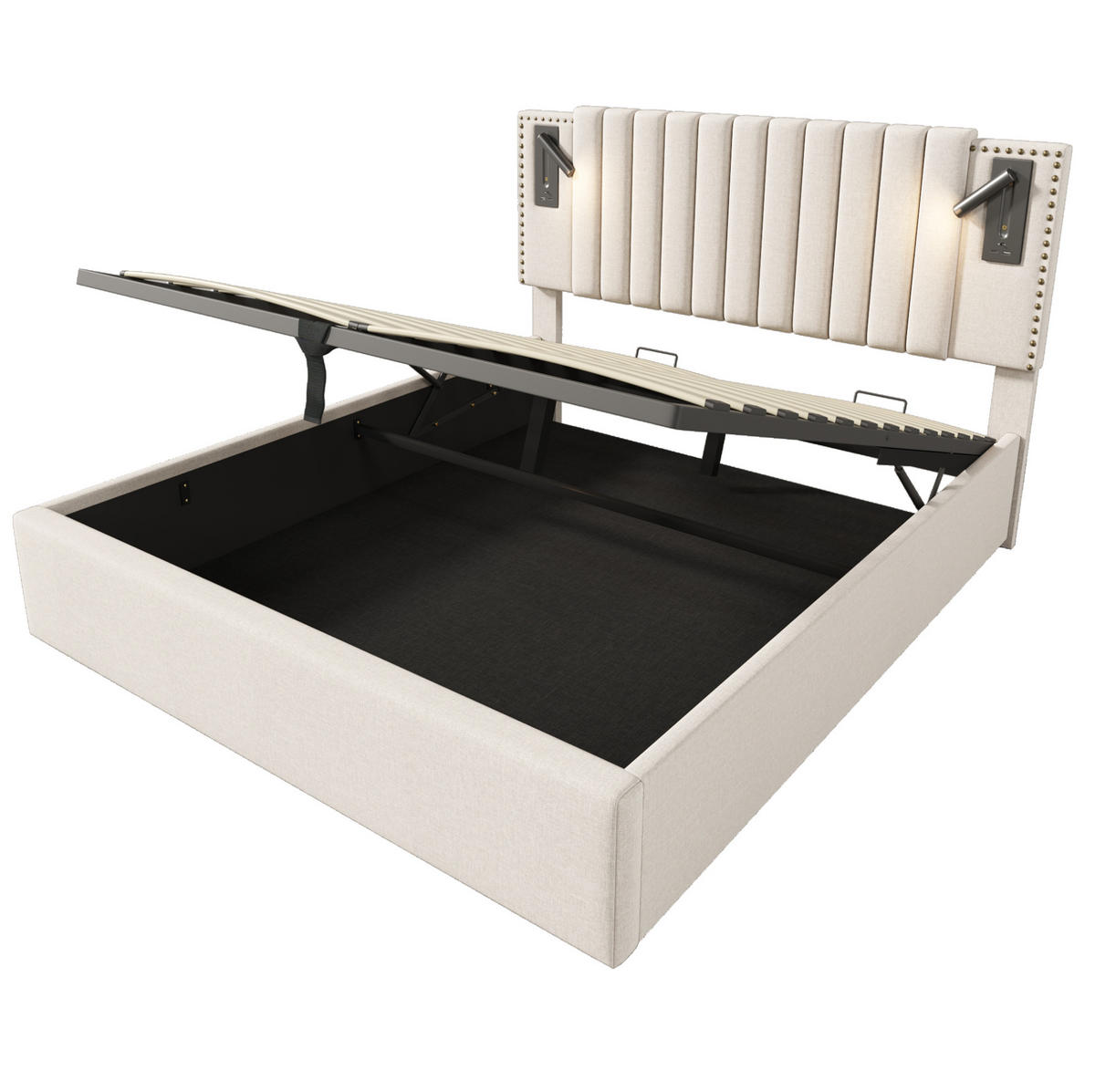 POLSTERBETT mit Bettkasten 180/200 cm in Beige mit Leselicht und USB-C - Beige, Textil (180/200cm) - BEAOK