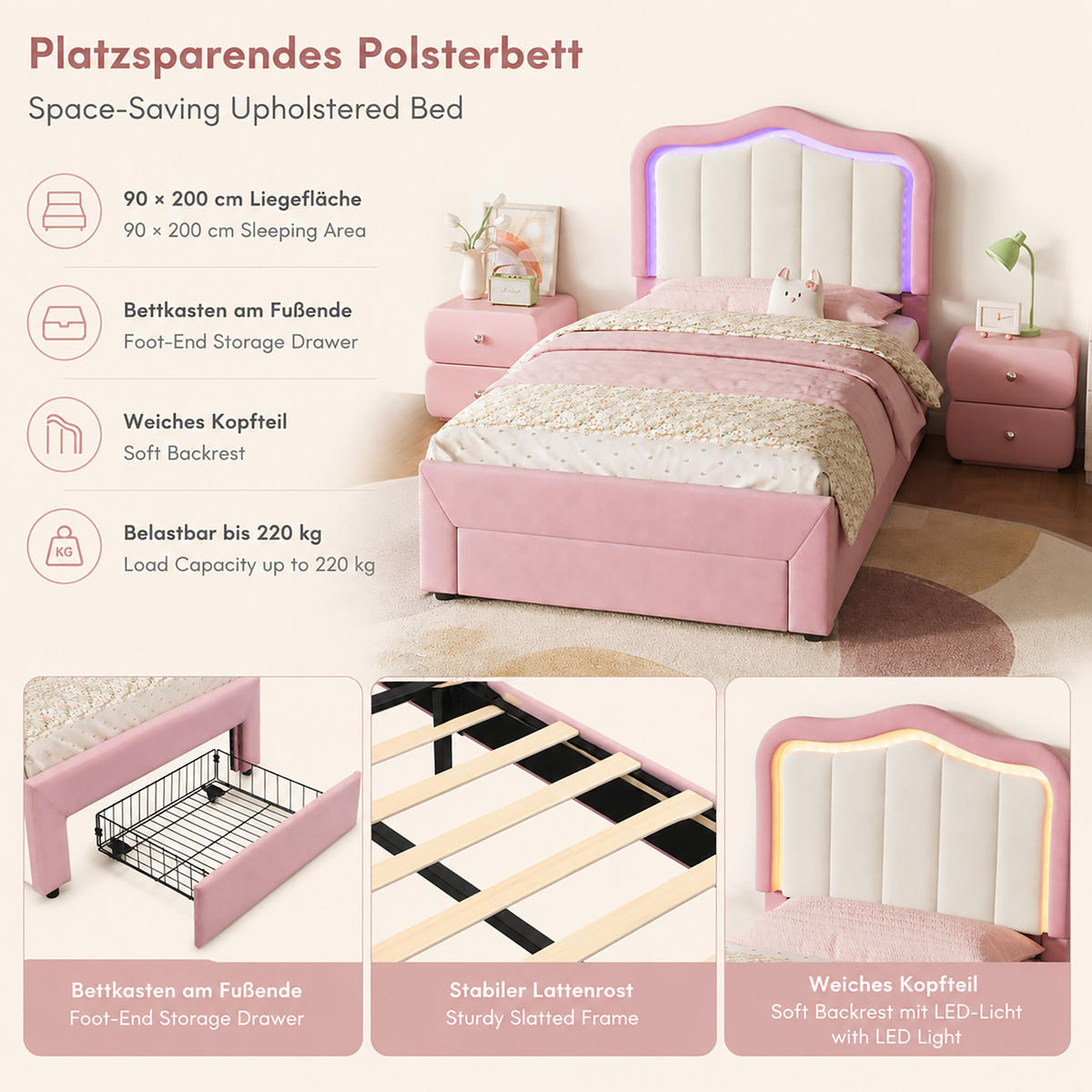 KINDER-POLSTERBETT aus Samt 90x200 cm Rosa mit Schublade und app-gesteuerter LED-Beleuchtung - Pink, Textil (90/200cm) - Modfu