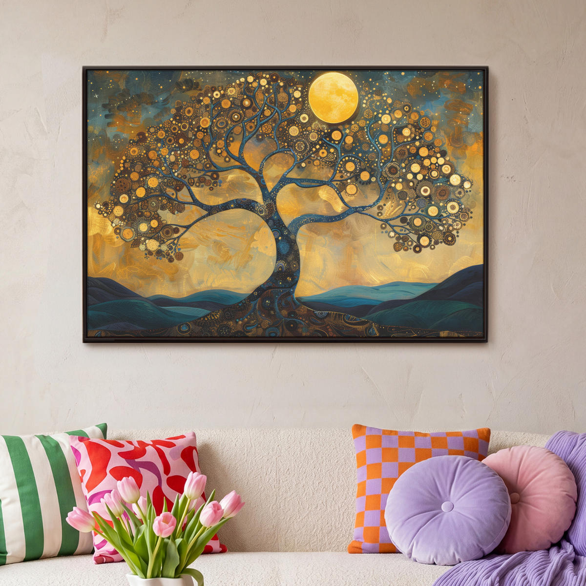 LEINWAND Bilder mit Rahmen - Baum - Mond - Blumen - Gold - Kunst - 90x60 - Orange, Textil (90/60cm) - MuchoWow
