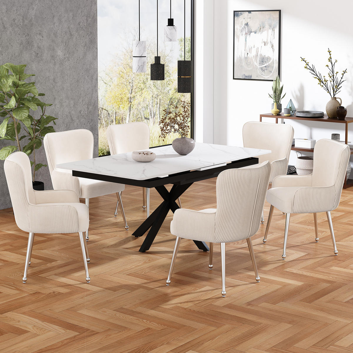 ESSZIMMERSTUHL 2er Set Samt Lounge Beige Silber Armlehnen - Beige, Textil (59.5/87/57cm) - FLIEKS