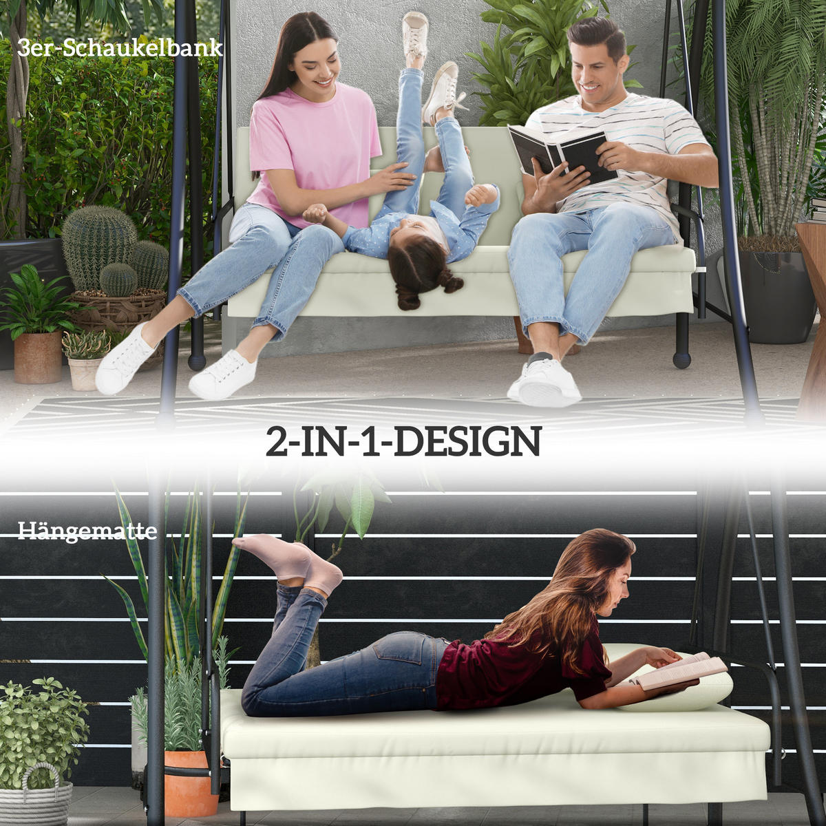 HOLLYWOODSCHAUKEL 2 in 1 mit Liegefunktion 3-Sitzer Gartenschaukel Cremeweiß - Creme, Metall (125/170/200cm) - Outsunny