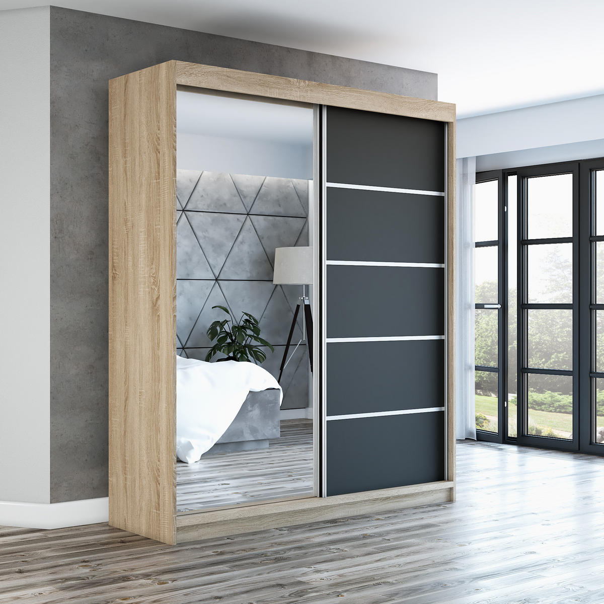 SCHWEBETÜRENSCHRANK 120 CM GAP Farbe: Sonoma / schwarz - Schwarz/Braun, Holzwerkstoff (120/215/59.5cm) - A&J MöbelLand