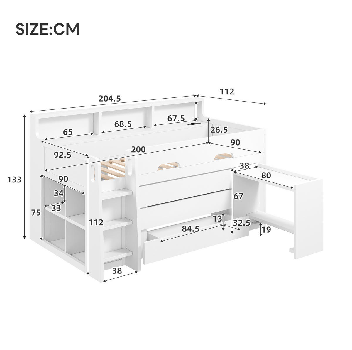 HOCHBETT 90/200 cm, Weiß mit 3 Schubladen, Schreibtisch und LED-Licht - Weiß, Holzwerkstoff (90/200cm) - MIVRAY