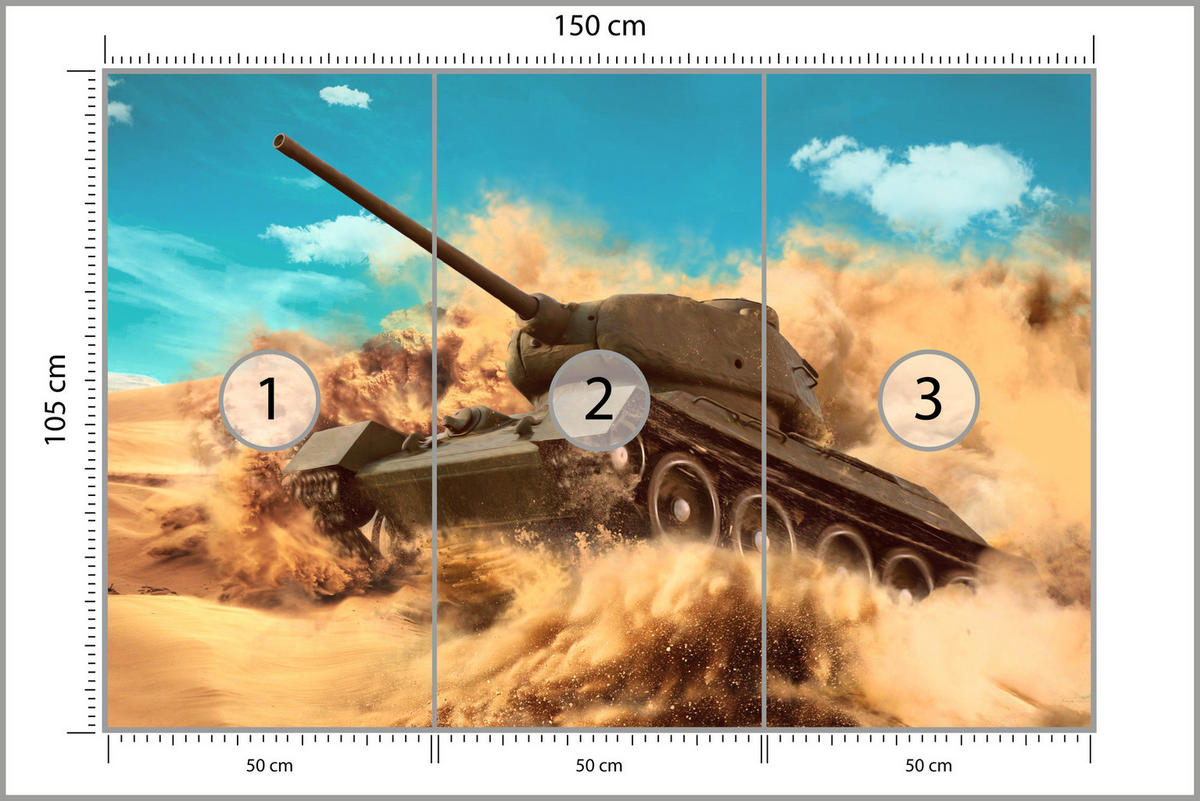 FOTOTAPETE für Jugendzimmer Kampfs Panzer Wüste Sand Dynamik 150x105 - Blau/Beige, Papier (150/105cm) - Muralo