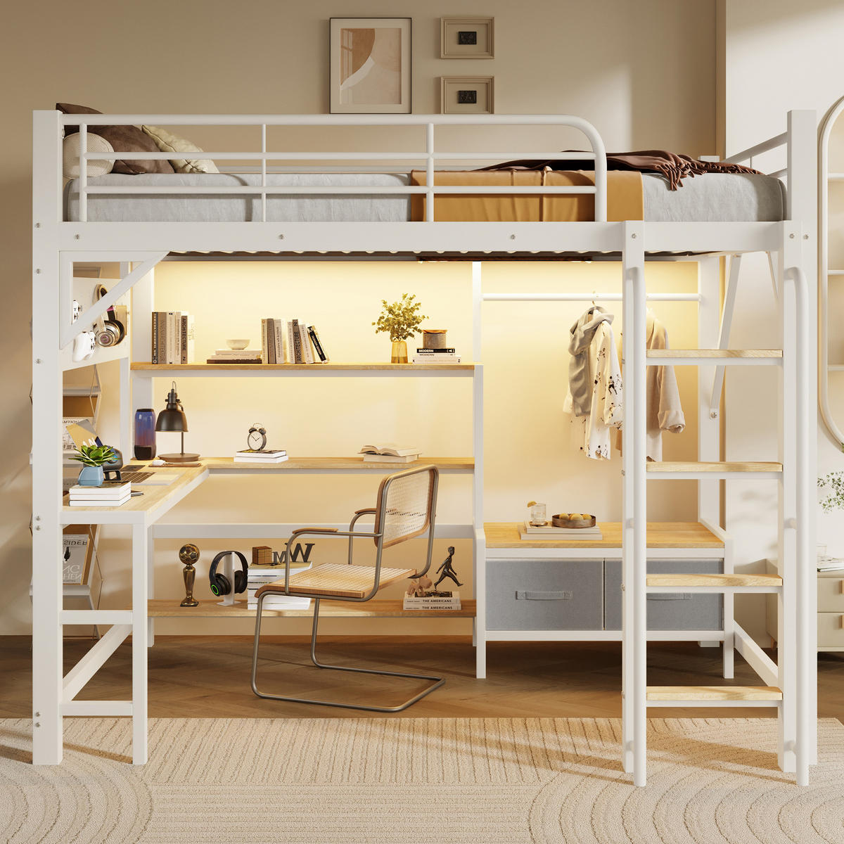 HOCHBETT 140x200cm, Eisen, Lochwand, Regale, Schubladen, Schreibtisch, USB, LED, Geländer, ohne Matratze, Weiß - Weiß, Holzwerkstoff (140/200cm)
