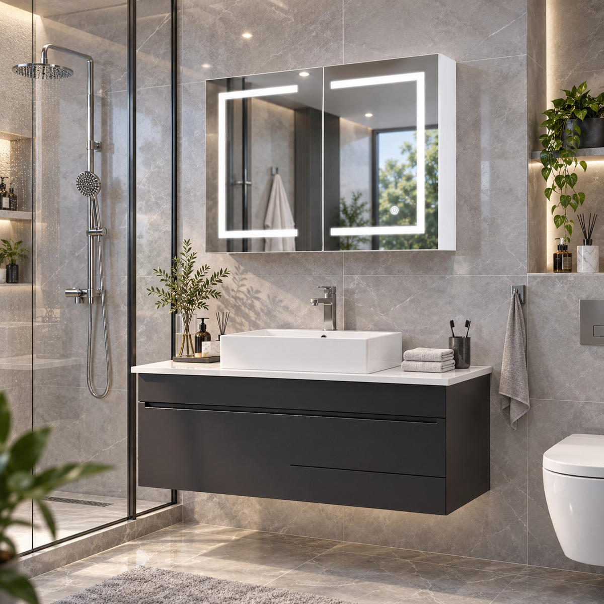 SPIEGELSCHRANK LED 80/60/13.5 cm mit Aufbewahrung, dimmbar, Touch-Schalter, moderner Badezimmer Spiegel mit Stauraum - Weiß, Glas (80/60/13.5cm) - Joyfair