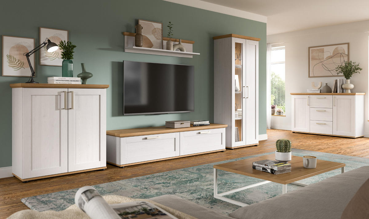 WOHNWAND 4-teilig weiß Lärche, Eiche Artisan 336 cm Landhaus, Schrankwand mit viel Stauraum - Silberfarben/Schwarz, Glas/Holzwerkstoff (336/161/40cm) - Inn.Furn