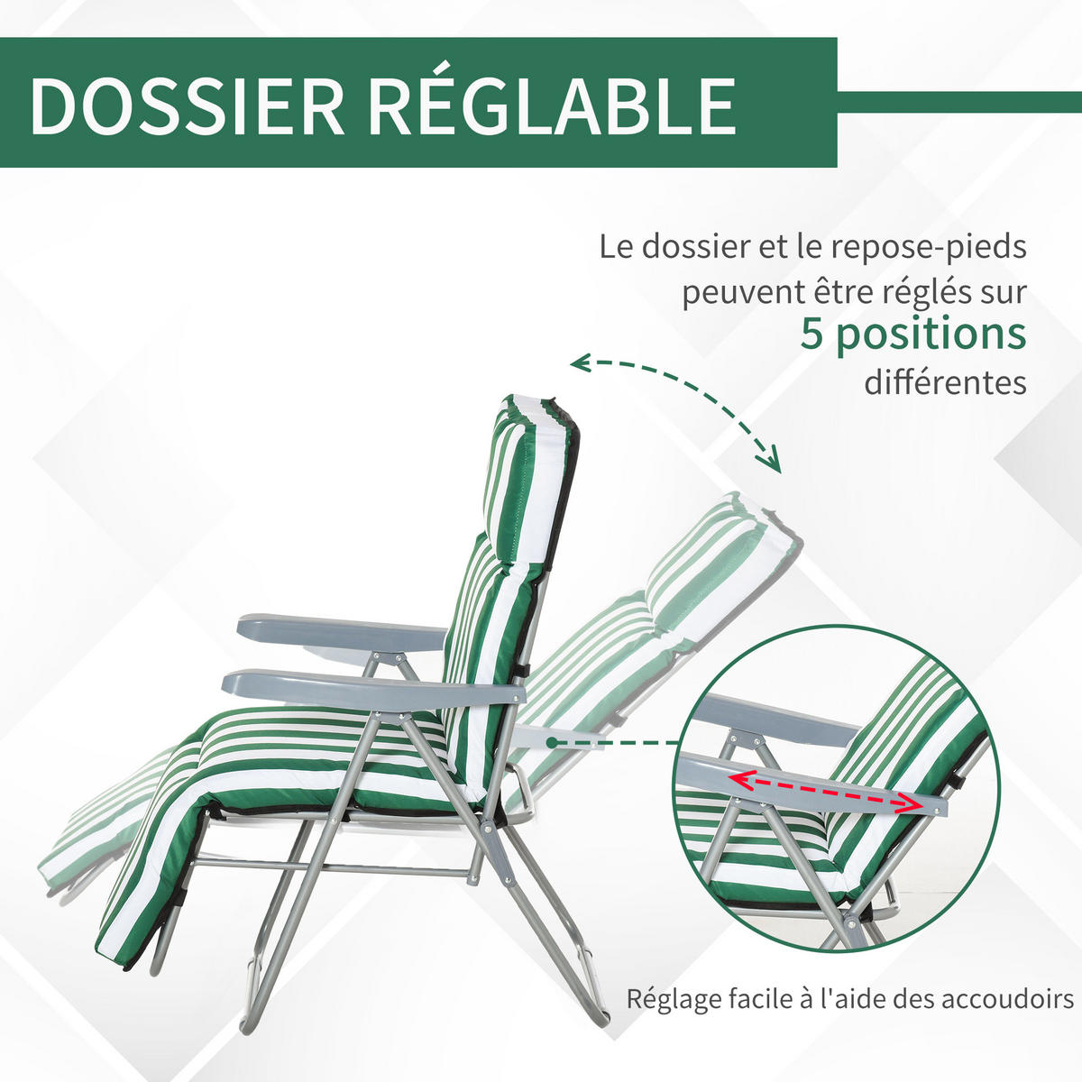 SONNENLIEGE 2er-Set DE-15598 5-fach verstellbar, klappbar Grün - Grün, Metall (75/102/60cm) - ComfortXL