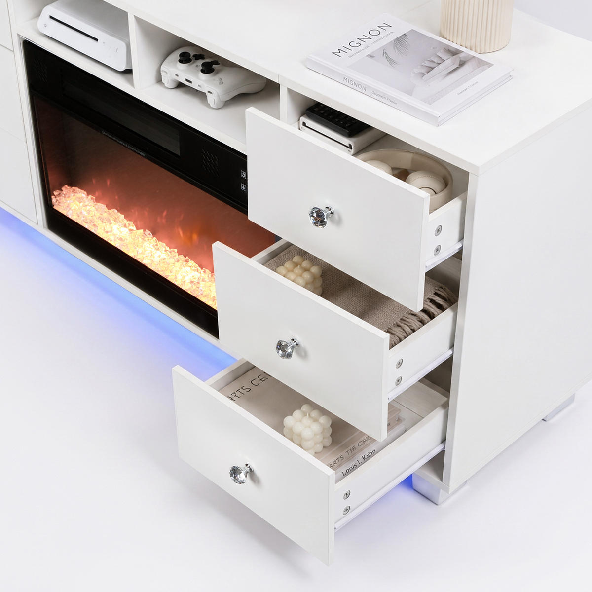 ELEKTROKAMIN mit Schrank 1200W weiβ 140/40/60CM - Weiß/Grau, Glas/Holz (140/60/40cm) - VANITII