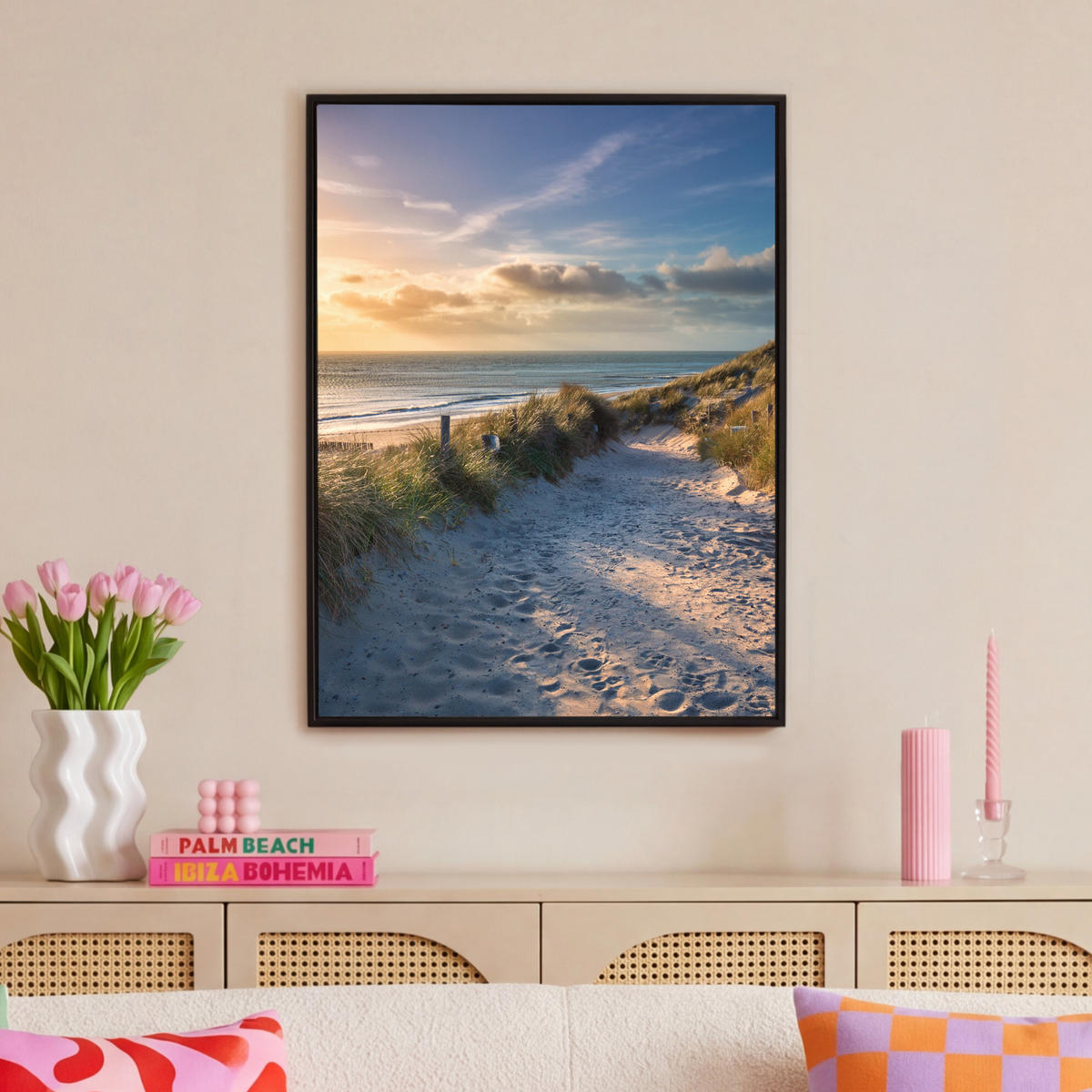 LEINWAND Bilder mit Rahmen - Sonnenuntergang - Strand - Düne - Gras - Ufer - 70x100 - Sandfarben, Textil (70/100cm) - MuchoWow