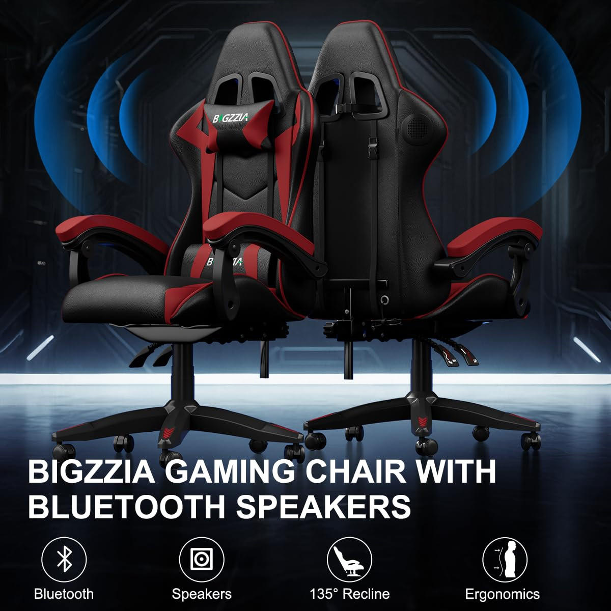 GAMINGSTUHL Schwarz-Rot mit Bluetooth Lautsprechern ergonomisch höhenverstellbar - Rot, Metall (66/124/58cm) - Rattrix