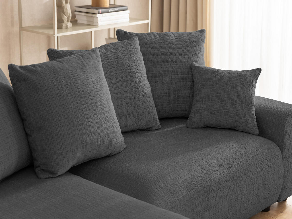 ECKSOFA Calma mit Schlaffunktion und Bettkasten im Bumpy-Design aus weichem Grau Chenille-Stoff - Ottomane links - Beige/Schwarz, Holz/Kunststoff (140/239cm) - S-Style Möbel