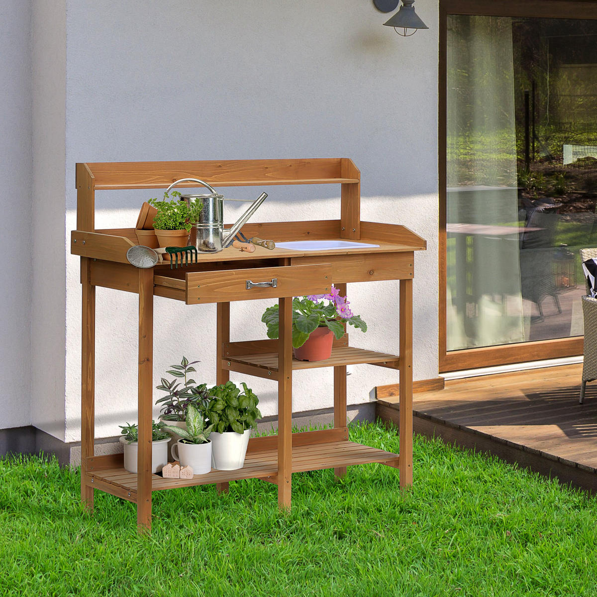PFLANZTISCH Gärtnertisch Blumentisch mit Wanne Garten, Tannenholz, Natur - Fichtefarben, Holz (117/45/121cm) - Outsunny