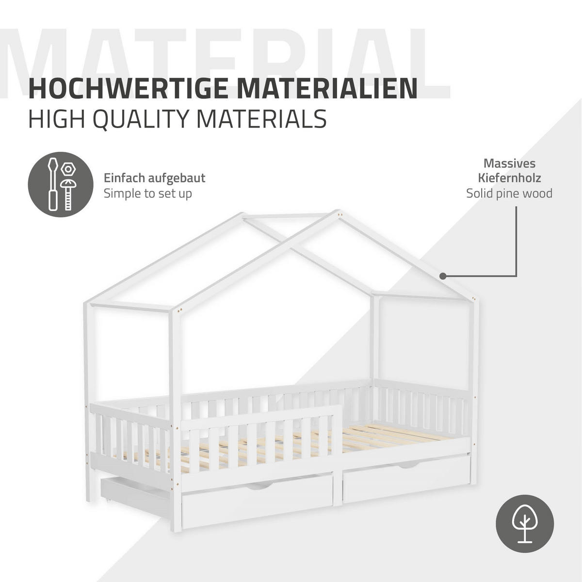 HAUSBETT 90x200 cm Weiß aus Kiefernholz mit 2 Schubladen und Rausfallschutz - Weiß, Holz (90/200cm) - ML-DESIGN