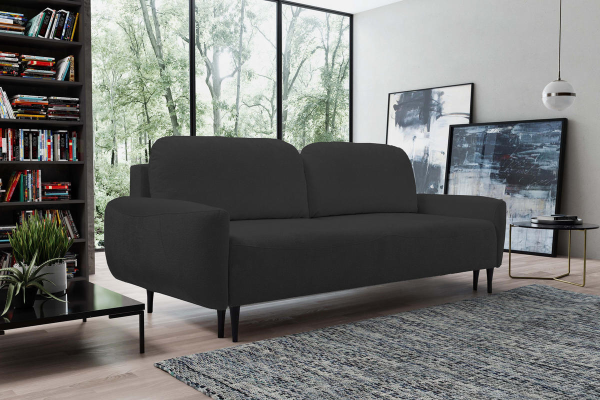SOFA BOHO Mit Schlaffunktion Und Bettkasten, Wellenfederung, PUR-Schaum, Holzfüße, lose Rückenkissen, freistehend, 244x102x92 cm Black - Schwarz, Holz/Textil (244/92/102cm) - DomoHome