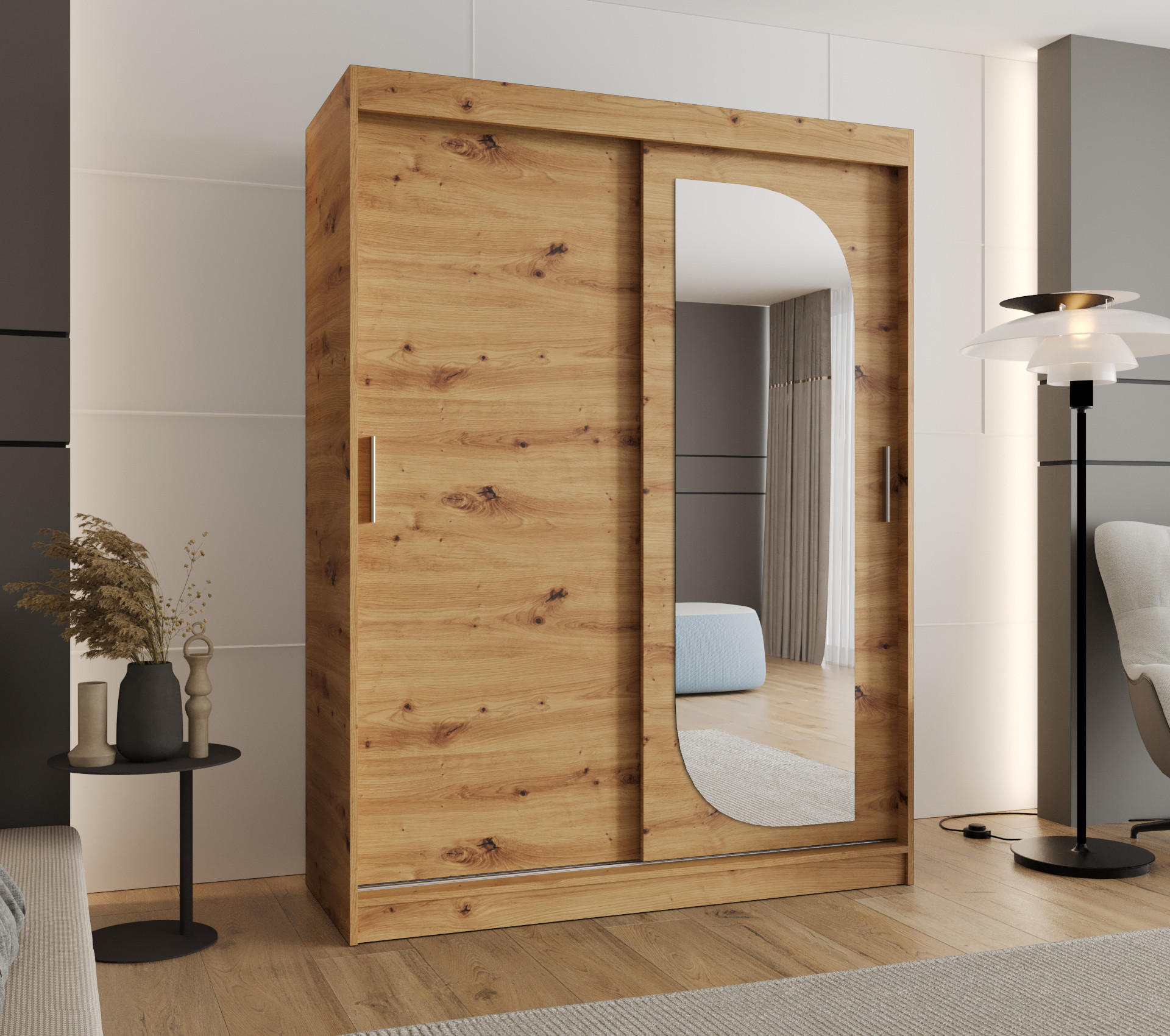 SCHWEBETÜRENSCHRANK 200/150/62 2-türig - Silberfarben/Eiche Artisan, Holz (150/200/62cm) - MÖBEL KRYSPOL