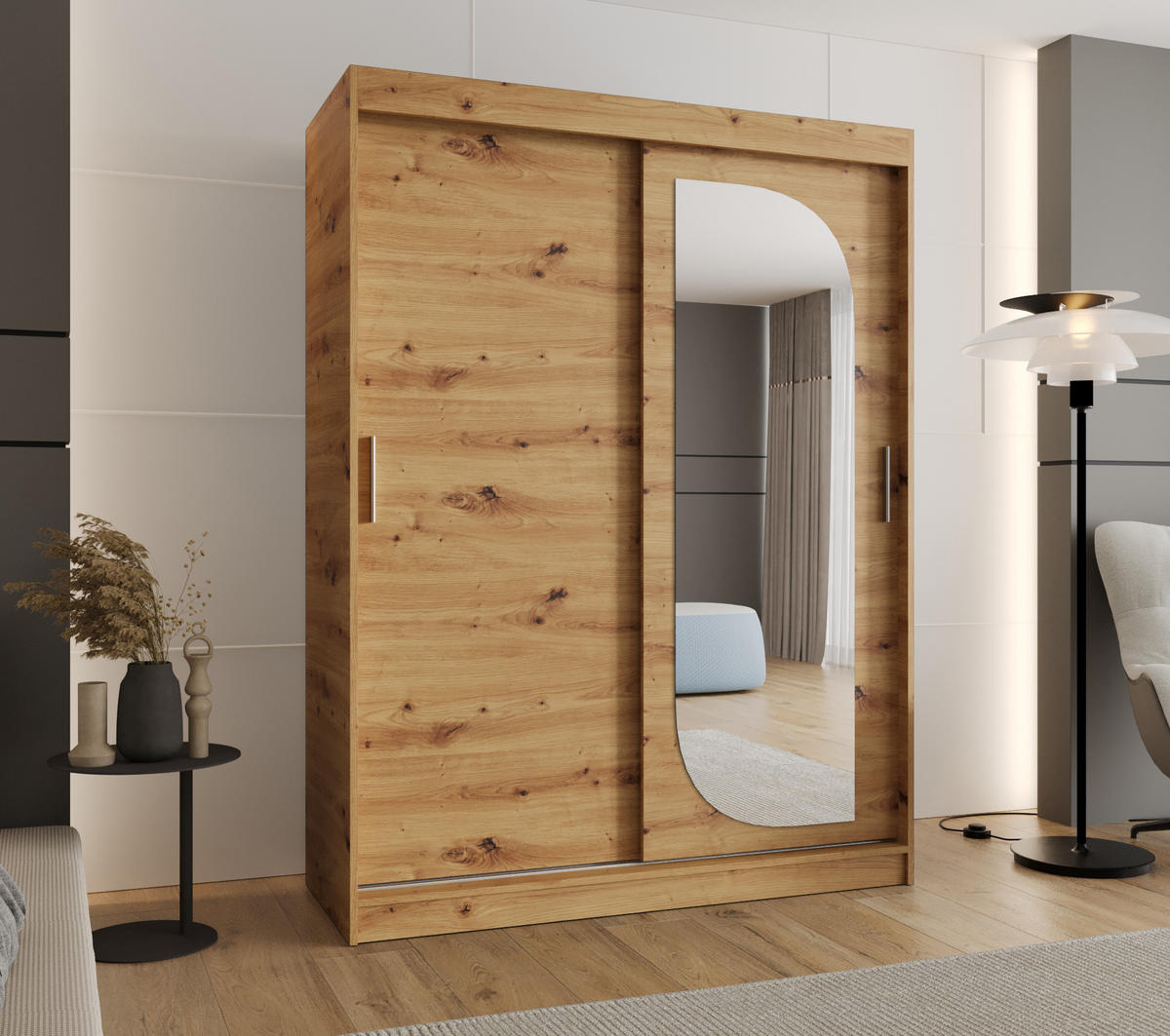 SCHWEBETÜRENSCHRANK 200/150/62 2-türig - Silberfarben/Eiche Artisan, Holz (150/200/62cm) - MÖBEL KRYSPOL