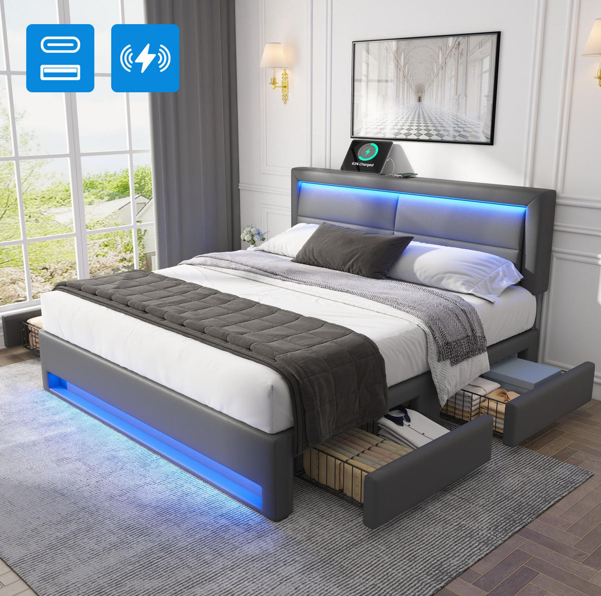 POLSTERBETT 140/190 cm Grau mit USB-Anschluss und LED-Beleuchtung - Grau, Kunststoff (140/190cm) - OKWISH