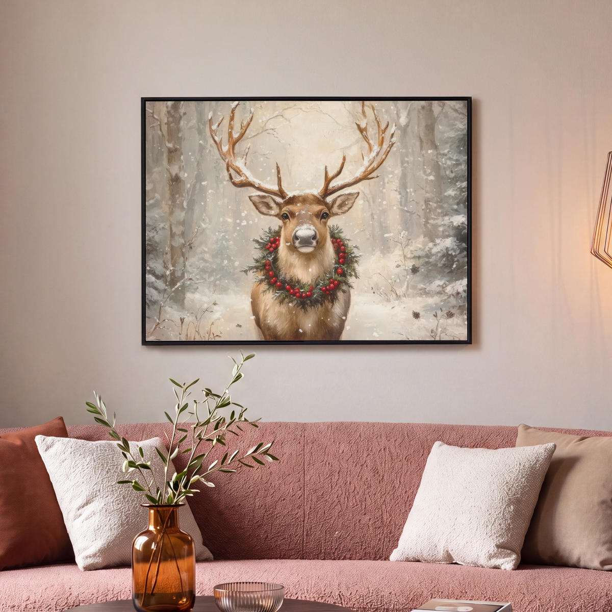 LEINWAND Bilder mit Rahmen - Weihnachten - Rentier - Winter - Kranz - 80x60 - Naturfarben, Textil (80/60cm) - MuchoWow