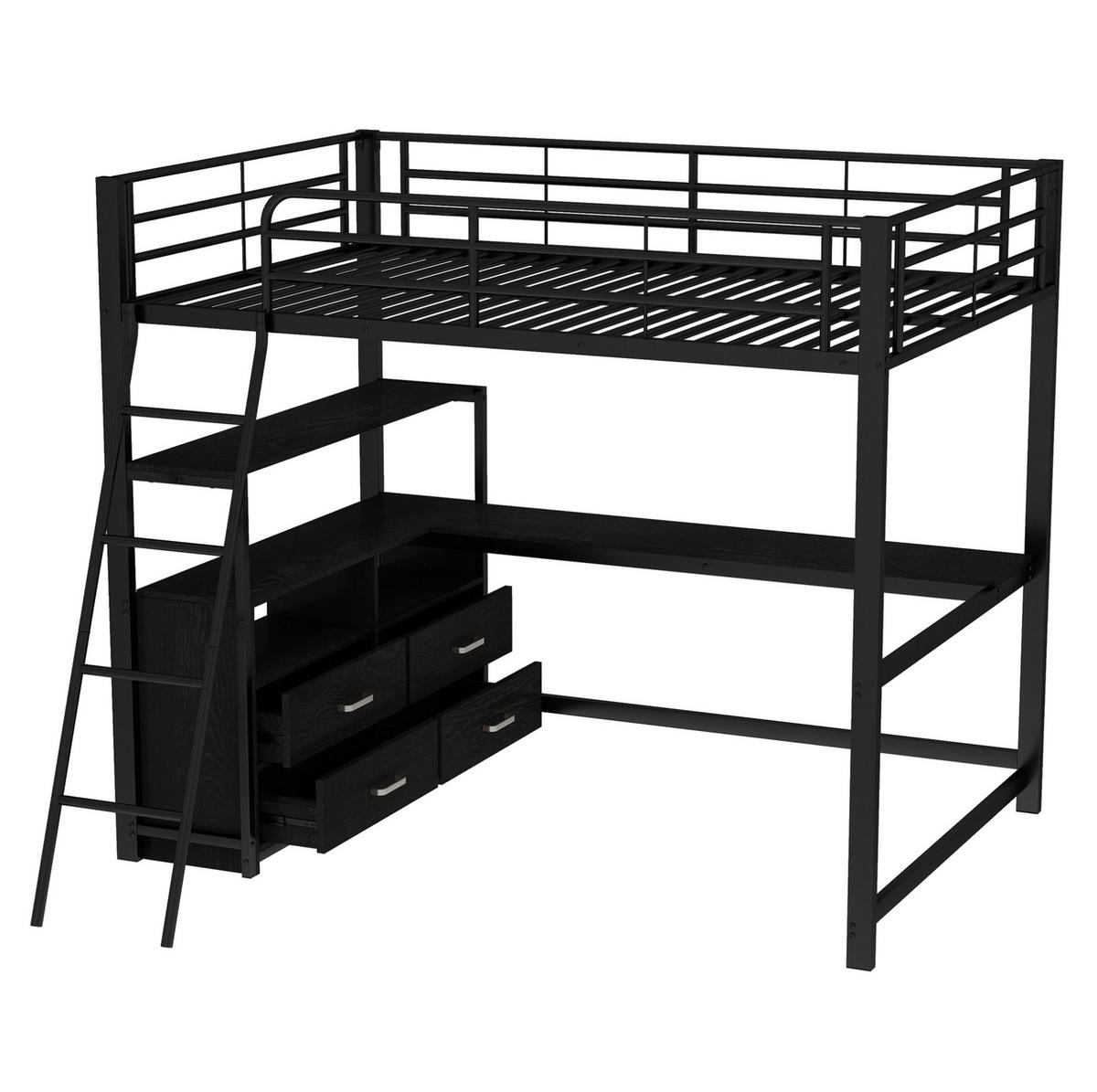 HOCHBETT 140/200 cm schwarz mit L-förmigem Schreibtisch und Schubladen mit Matratze - Schwarz, Metall (140/200cm) - OKWISH