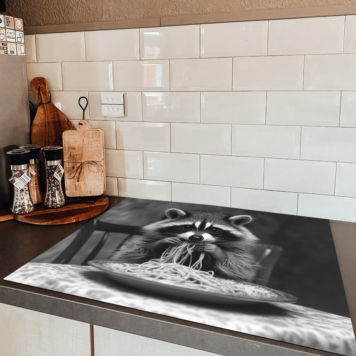 HERDABDECKPLATTE Waschbär - Niedlich - Pasta - Tischtuch - Schwarz - Weiß Induktionsmatte 77x59 cm - Grau, Kunststoff (77/59/0.2cm) - MuchoWow