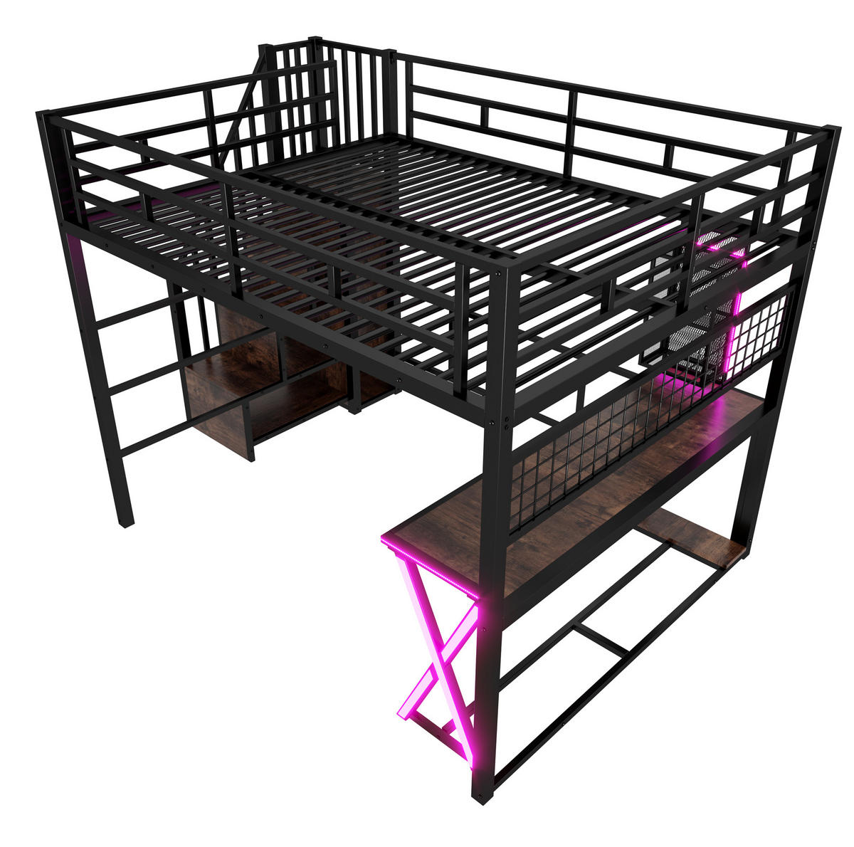 HOCHBETT aus Metall und MDF 160x200 cm Schwarz mit Schreibtisch, Kleiderschrank und LED-Beleuchtung - Schwarz, Holzwerkstoff (160/200cm) - Modfu