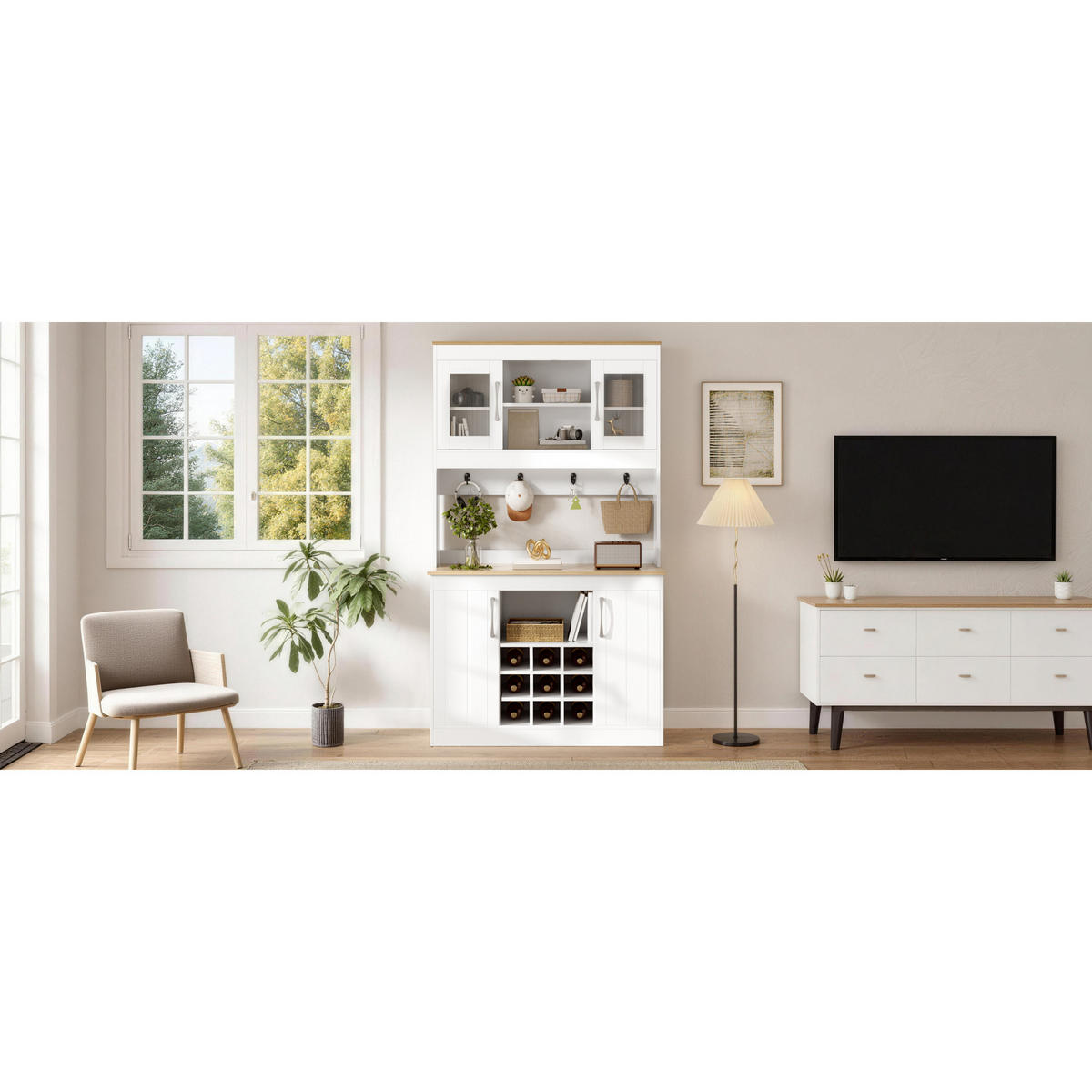 KÜCHENBUFFET 106x39x175 cm, Glastüren, Weinregal, Hakenleiste, Natur/Weiß - Naturfarben, Holzwerkstoff (106/175/39cm) - FOHERE