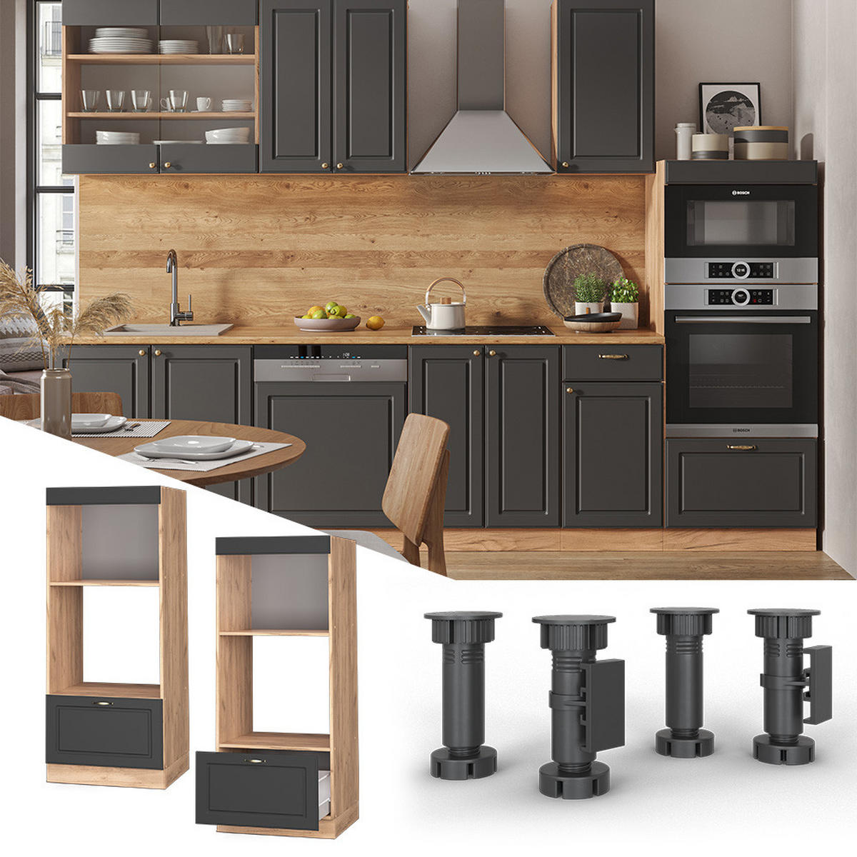 MIKROWELLENSCHRANK Fame-Line Anthrazit-Gold 60 cm offen - Honigeiche/Anthrazit, Holzwerkstoff (60/153.6/58.1cm) - Vicco