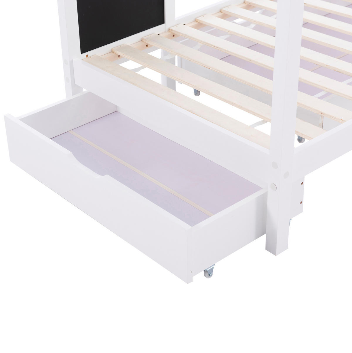 HAUSBETT 90/200 cm in Weiß – mit Dachaufbau, Tafel und 2 Schubladen - Weiß, Holz (90/200cm) - BEAOK