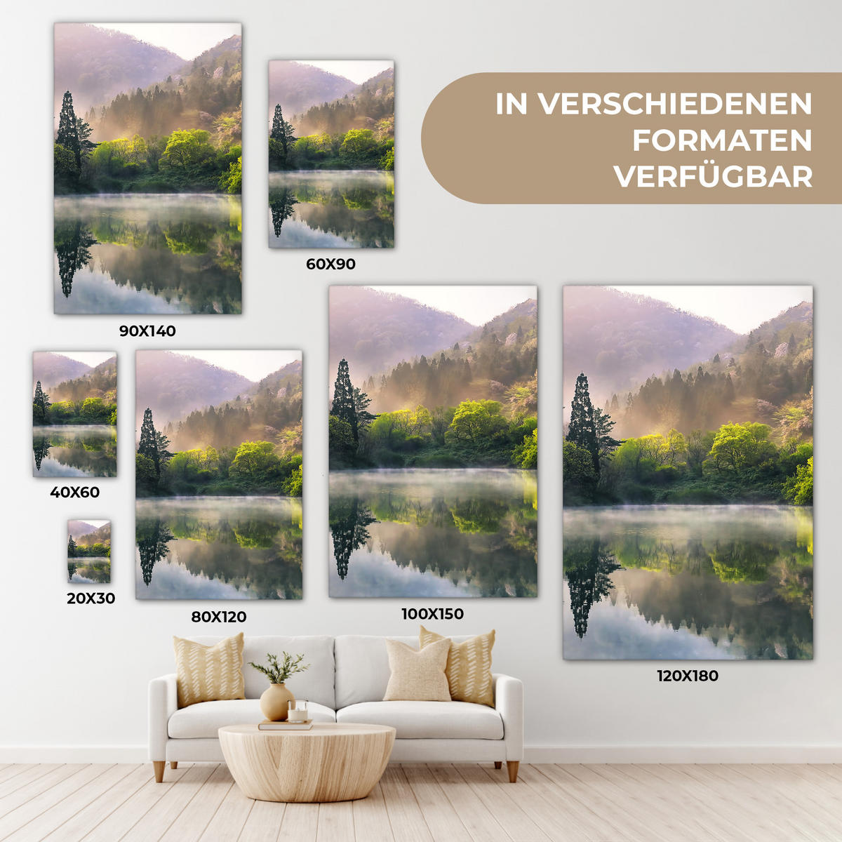LEINWANDBILD Natur - Bäume - Berge - See - Wasser 40x60 cm - Hellgrün, Textil (40/60cm) - MuchoWow