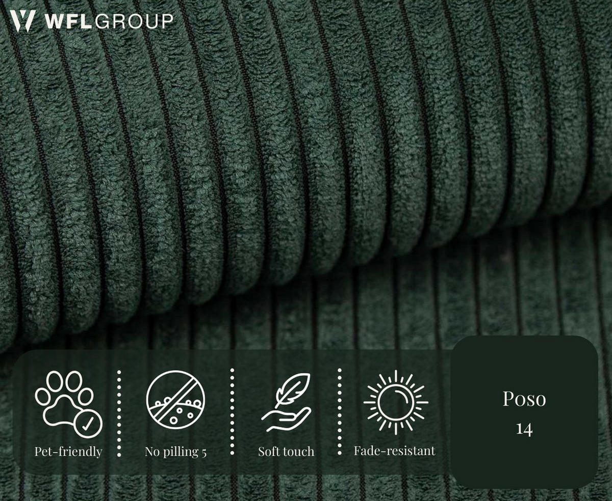 ECKSOFA Hana Loft 3-Sitzer Ecke Links, Cordstoff Chenille, Dunkelgrün 241/80/168 cm - Dunkelgrün/Schwarz, Textil/Metall (241/168cm) - WFL GROUP