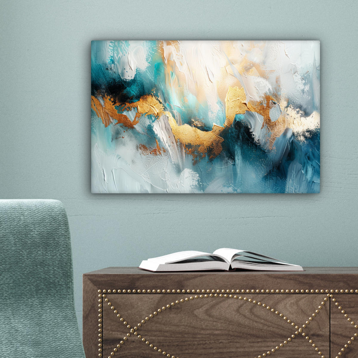 LEINWANDBILD Abstrakt - Kunst - Gold - Blau 30x20 cm - Petrol, Textil (30/20cm) - MuchoWow